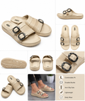Women Double Buckle Comfort Slides | Soft Cushioned Slip-On Slippers | Lightweight Anti-Skid Daily Wear Sandals | Beige
