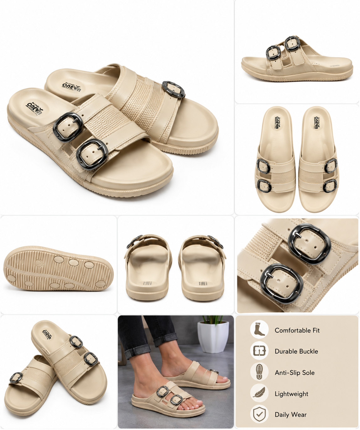 Women Double Buckle Comfort Slides | Soft Cushioned Slip-On Slippers | Lightweight Anti-Skid Daily Wear Sandals | Beige