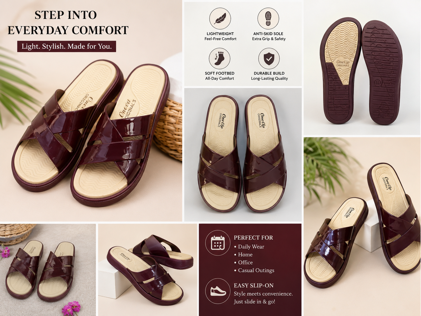 Women Cross Strap Comfort Sliders | Soft Cushioned Slip-On Slippers | Lightweight Anti-Skid Daily Wear Sandals | Maroon