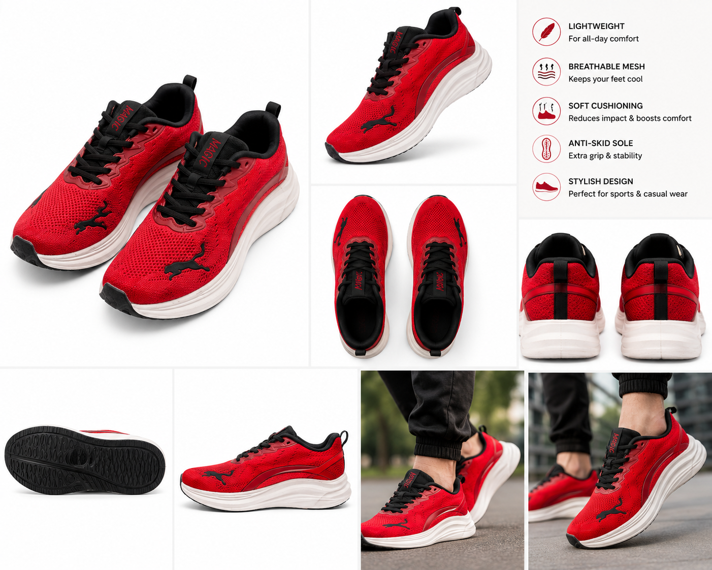 Men's Lightweight Sports Running Shoes | Breathable Mesh Lace-Up Sneakers | Soft Cushioned Anti-Slip Casual Walking Shoes | Red