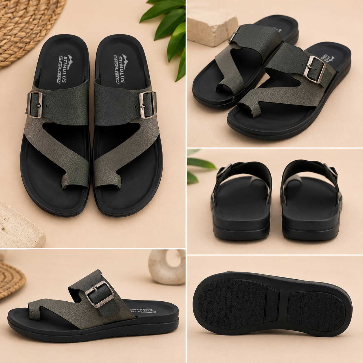 Men's Stylish Buckle Strap Toe Ring Slippers | Lightweight Comfort Casual Slides for Daily Wear | Black Grey