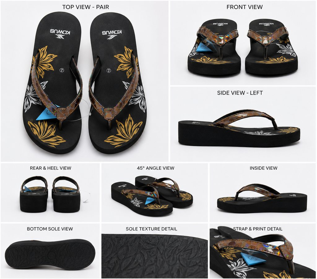 Ladies Tropical Floral Print Brown Flip Flop | Blue Flower Casual Hawai Chappal | Lightweight | Daily College Beach Travel Wear