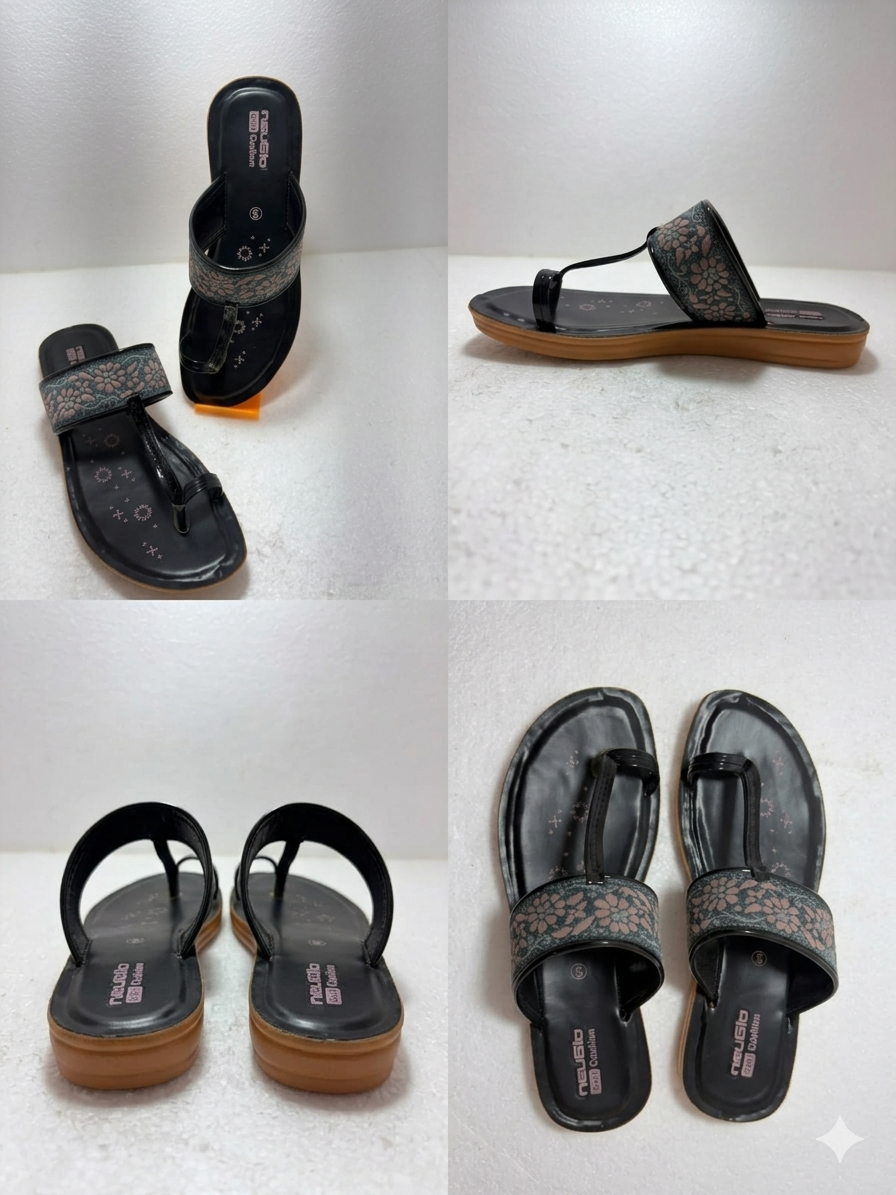 Stylish Women’s Black Soft Cushion Sandals – Elegant Floral Embellished Daily Wear Chappal