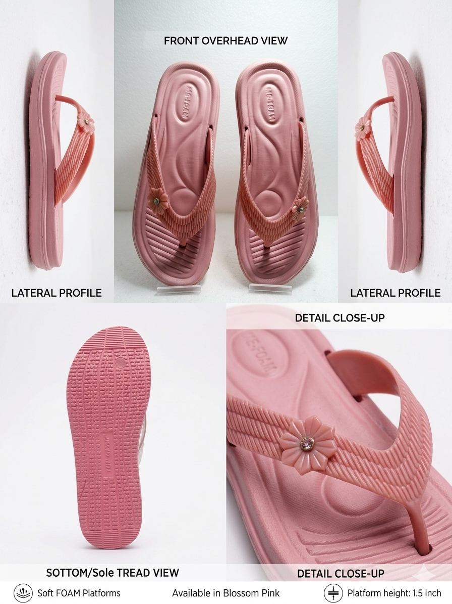 Women’s Soft Platform Flip Flops | Stylish Pink Flower Design Slippers | Lightweight Anti-Skid Daily Wear Comfort Sandals