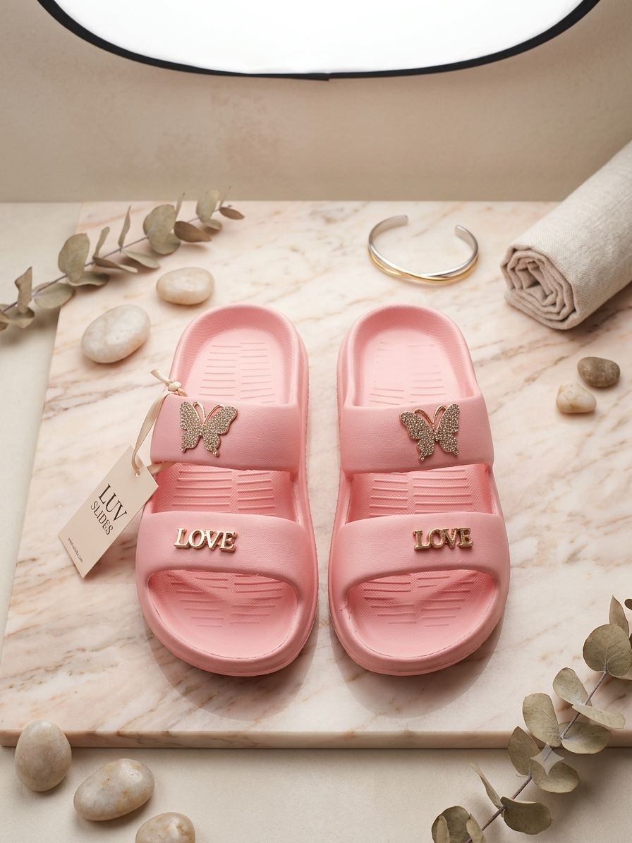 Women’s Pink EVA Soft Comfort Slides with Butterfly Charm & LOVE Design | Lightweight Bathroom & Casual Slippers