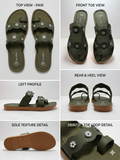 Women’s Olive Green Toe Ring Flats Sandals | Stylish Double Strap Casual Slippers with Stone Studs | Daily Wear Footwear