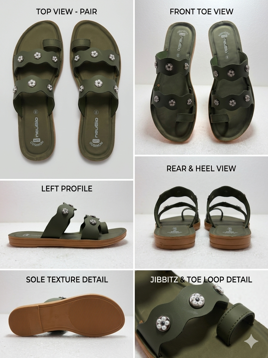 Women’s Olive Green Toe Ring Flats Sandals | Stylish Double Strap Casual Slippers with Stone Studs | Daily Wear Footwear