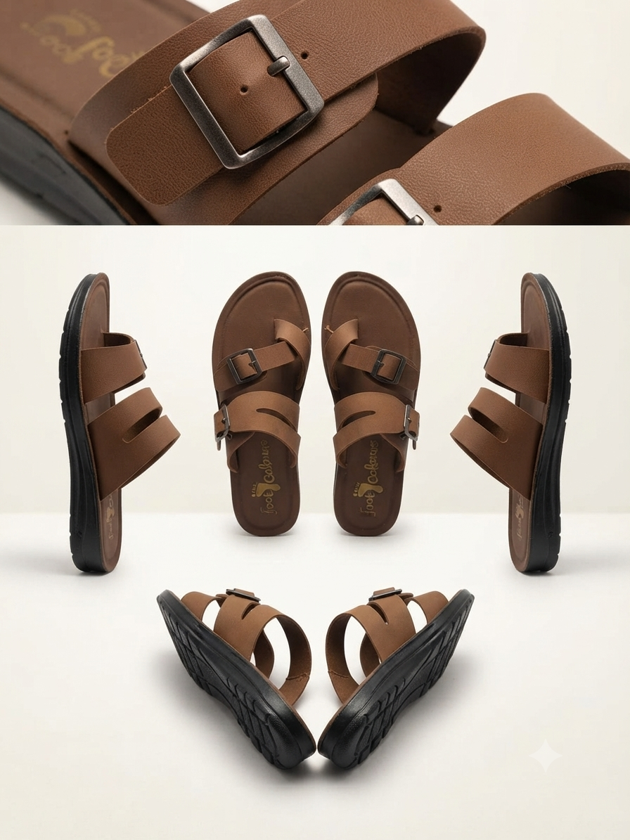 Women's Brown Double Buckle Comfort Sandals | Stylish Casual Flat Sandals | Soft Lightweight Daily Wear Footwear