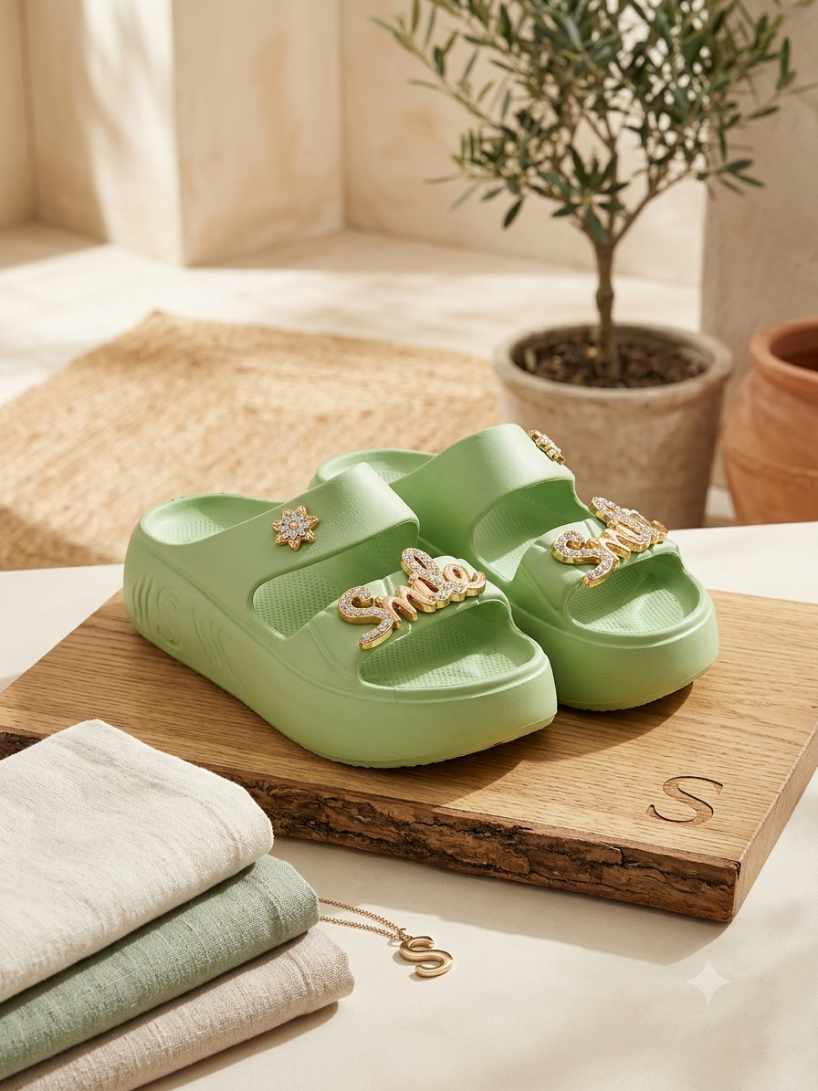 Women’s Green Platform EVA Slides | Soft Cushion Lightweight Anti-Slip Slippers with Smile Charm for Daily Wear