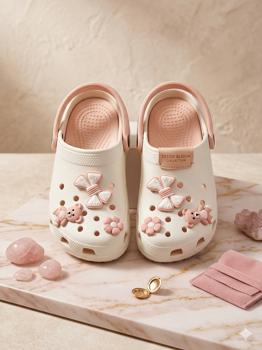 Women's Cream Clogs with Teddy Bear & Butterfly Charms – Lightweight Summer Sandals for Women