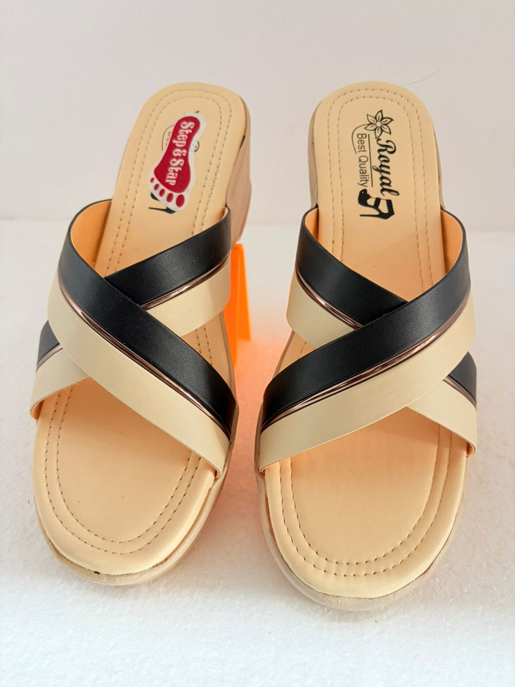 Ladies Casual Slip-On Flats | Trendy Dual Tone Cross Strap Sandals