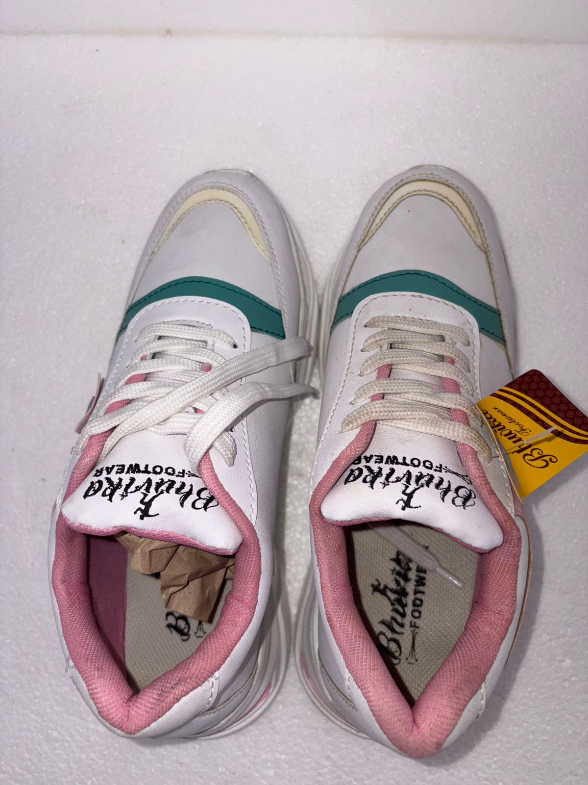 Bhadira Women's White Pink Teal Colour Block Sneakers | Lace Up Casual Sports Shoes | Cushioned | College Daily Gym Wear