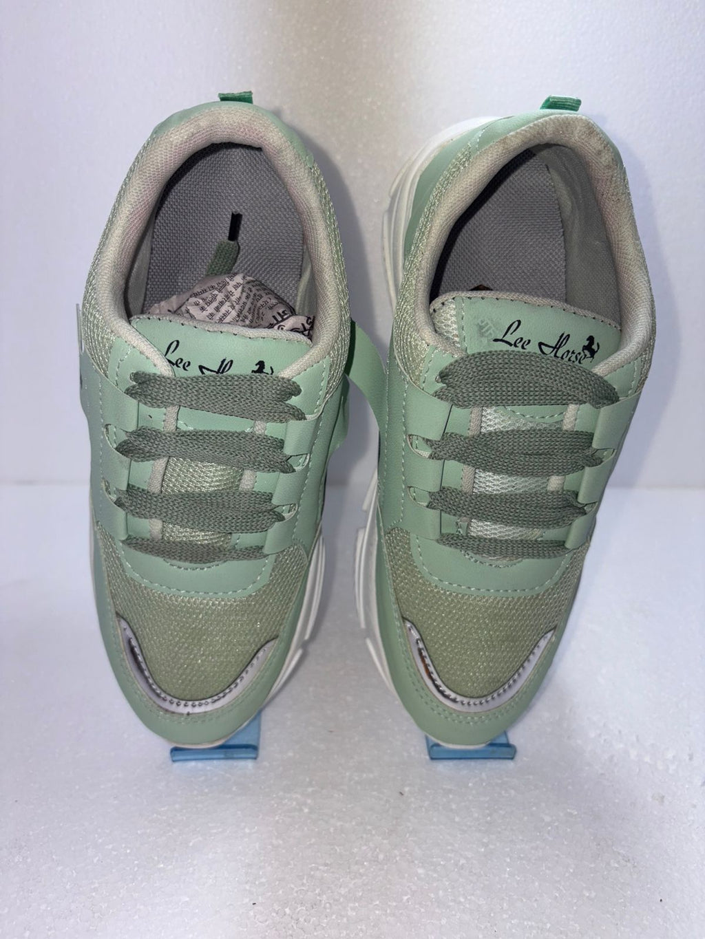Lee Horse Women's Mint Green Chunky Sneakers | Silver Panel Lace Up Sports Shoes | Breathable Cushioned Daily College Wear