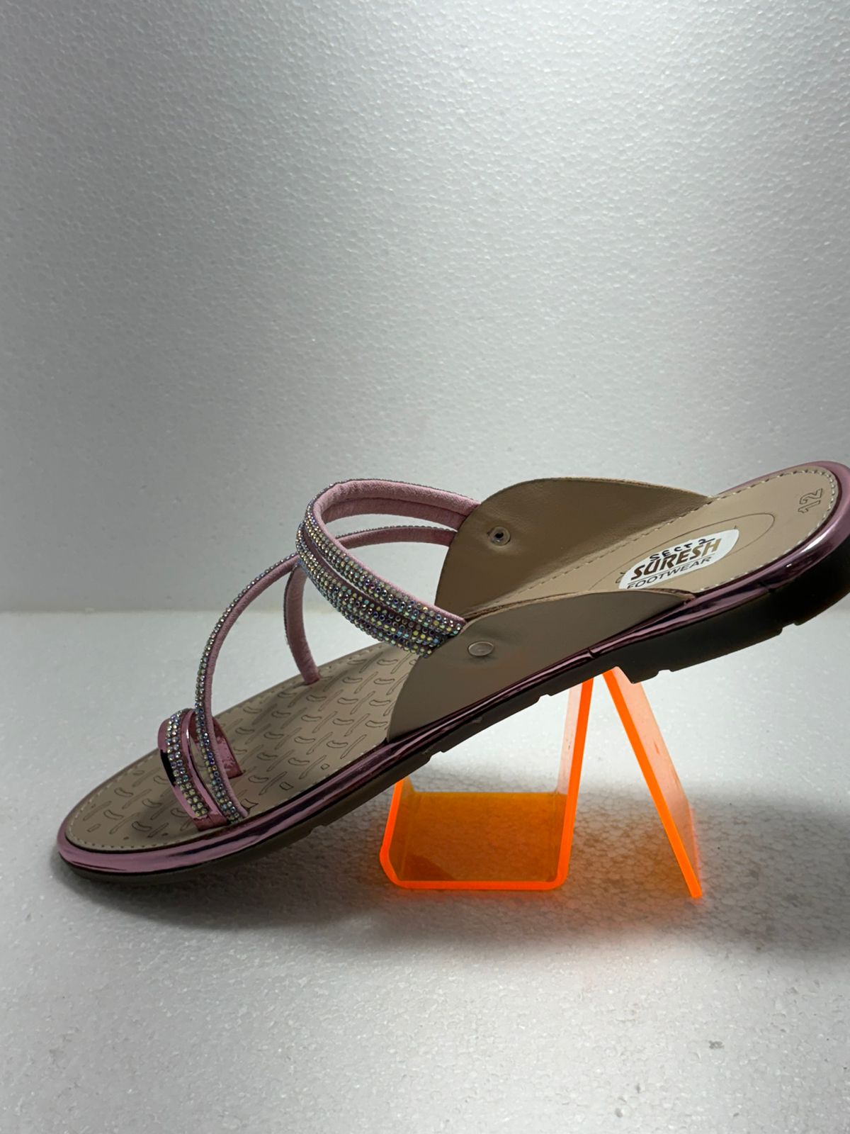 Ladies Rhinestone Stone Work Flat Chappal | Double Diamond Strap Knot Detail | Nude Rose Gold | Sangeet Mehndi Wedding Wear