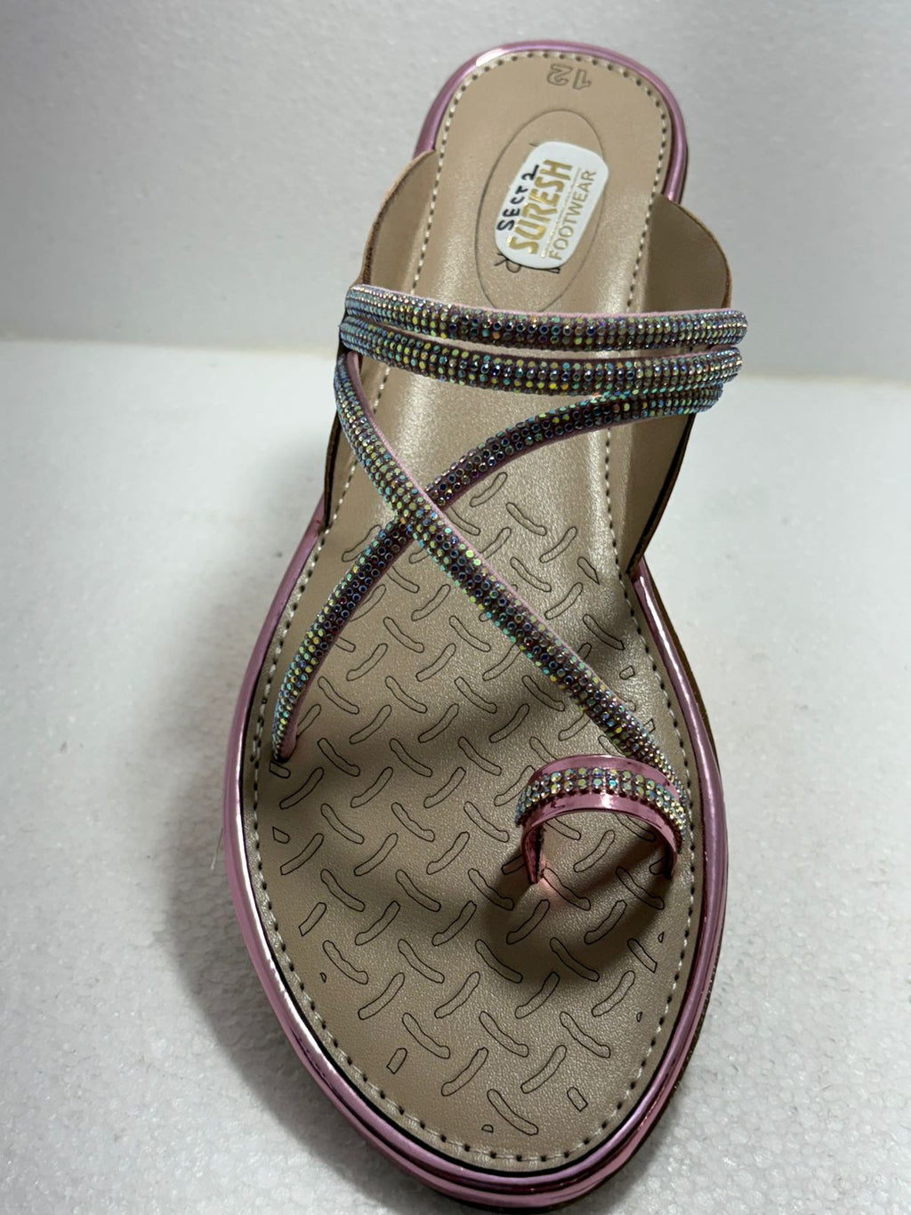 Ladies Rhinestone Stone Work Flat Chappal | Double Diamond Strap Knot Detail | Nude Rose Gold | Sangeet Mehndi Wedding Wear