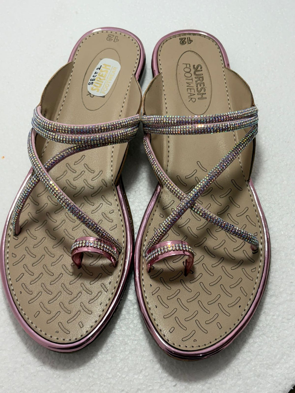 Ladies Rhinestone Stone Work Flat Chappal | Double Diamond Strap Knot Detail | Nude Rose Gold | Sangeet Mehndi Wedding Wear