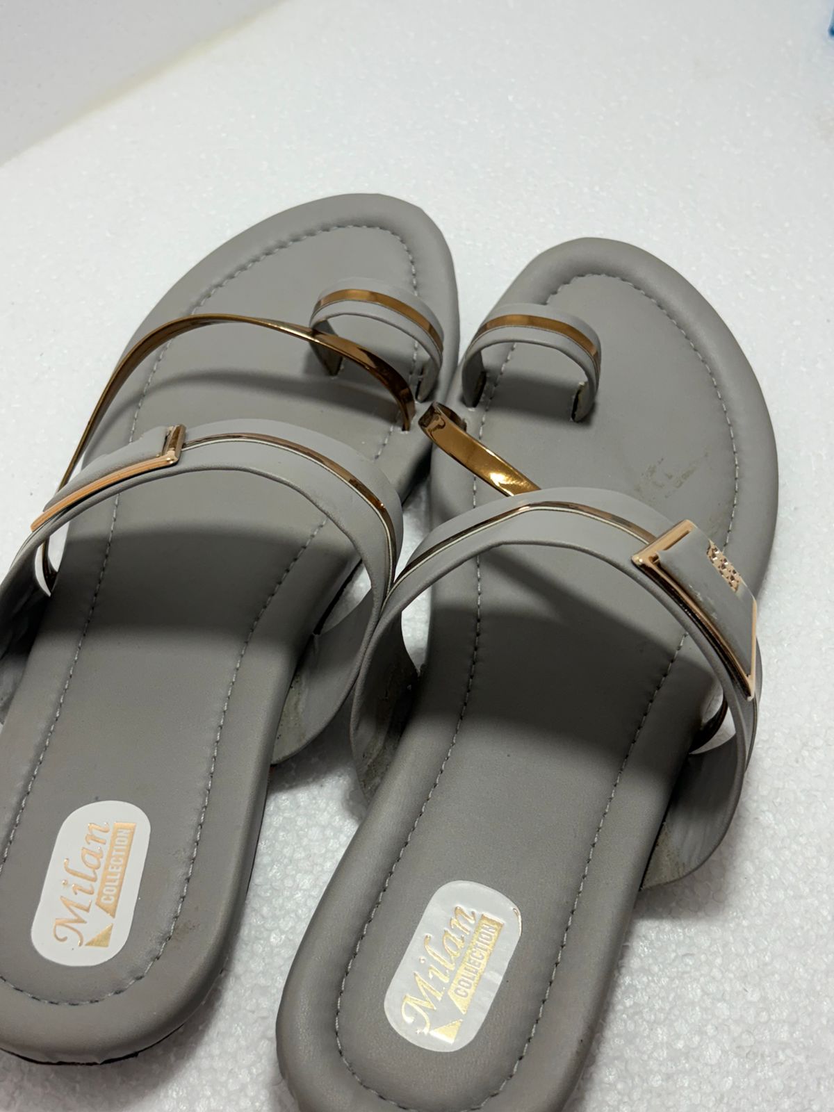 Milan Collection Women's Grey Gold Toe Ring Flat Sandal | Metal Strap | Ethnic Casual Wear | Elegant Designer Chappal