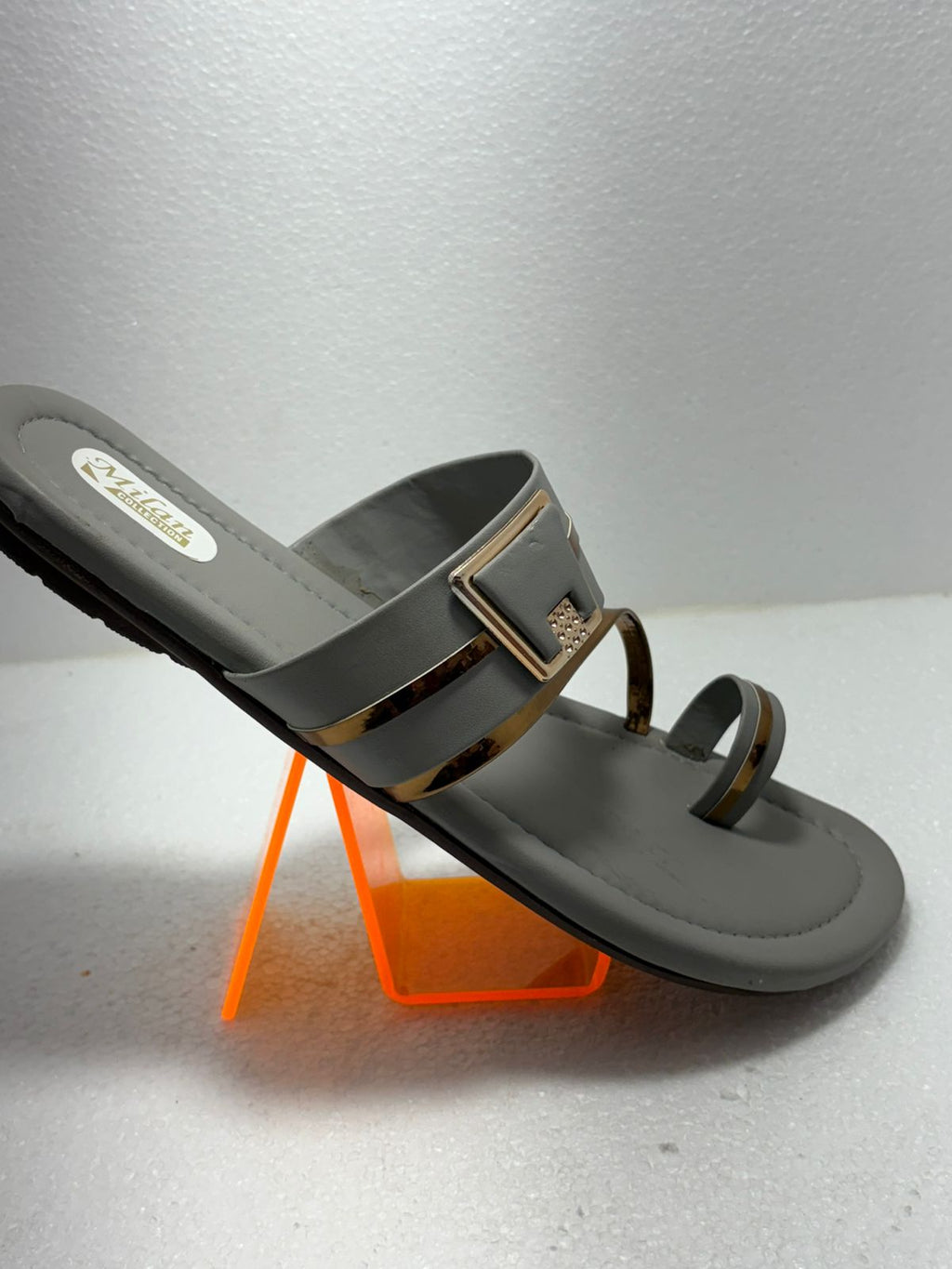 Milan Collection Women's Grey Gold Toe Ring Flat Sandal | Metal Strap | Ethnic Casual Wear | Elegant Designer Chappal