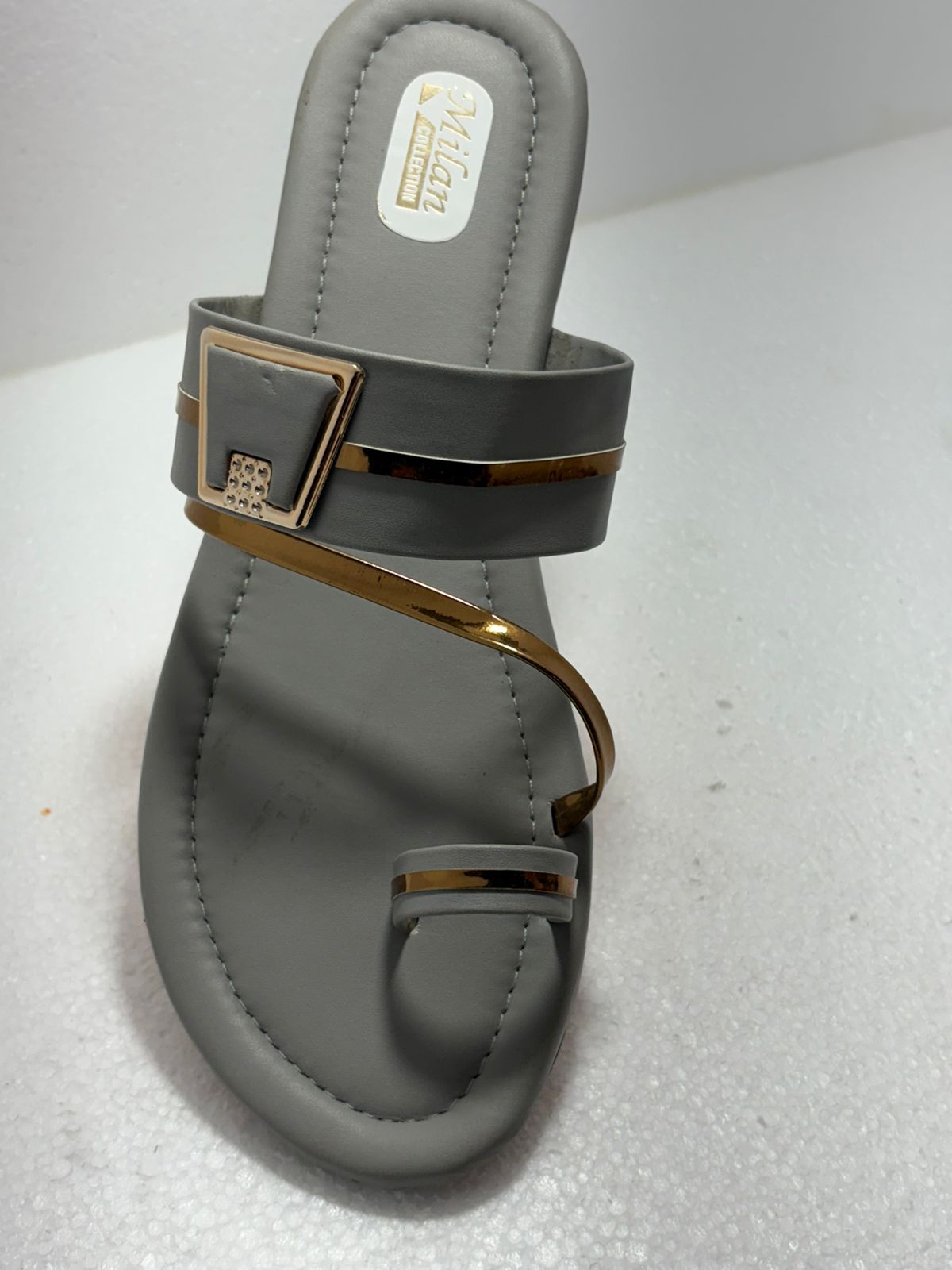 Milan Collection Women's Grey Gold Toe Ring Flat Sandal | Metal Strap | Ethnic Casual Wear | Elegant Designer Chappal