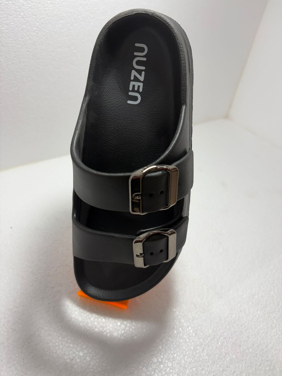 NUZEN Black Platform Rubber Sandals – Lightweight Three-Strap Sliders with Metallic Buckles