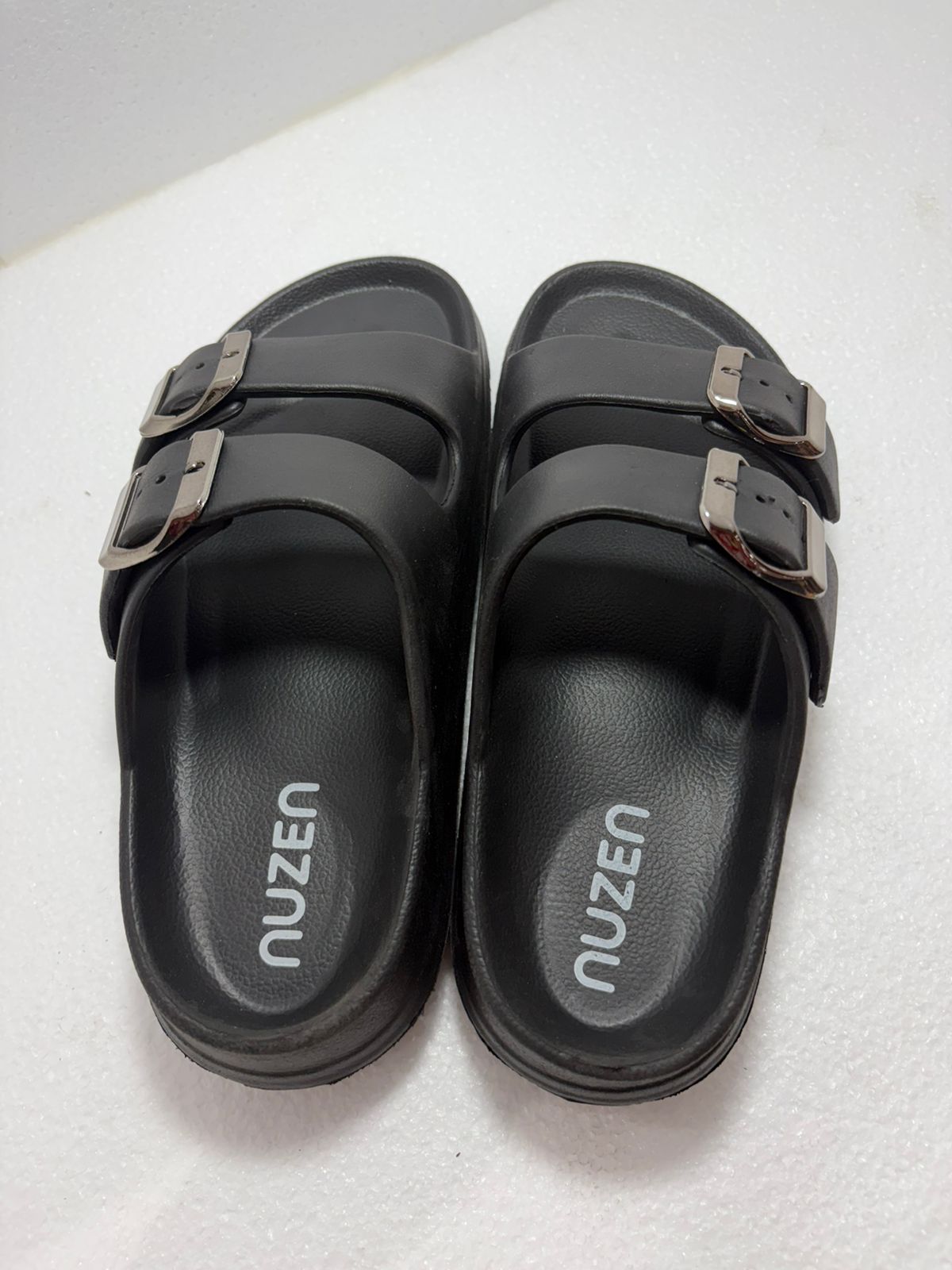 NUZEN Black Platform Rubber Sandals – Lightweight Three-Strap Sliders with Metallic Buckles
