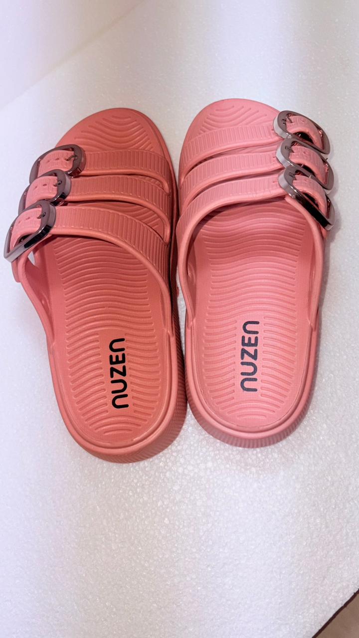 Nuzen Women's Double Buckle EVA Flat Sandal | Adjustable Slip On | Peach Pink Lightweight