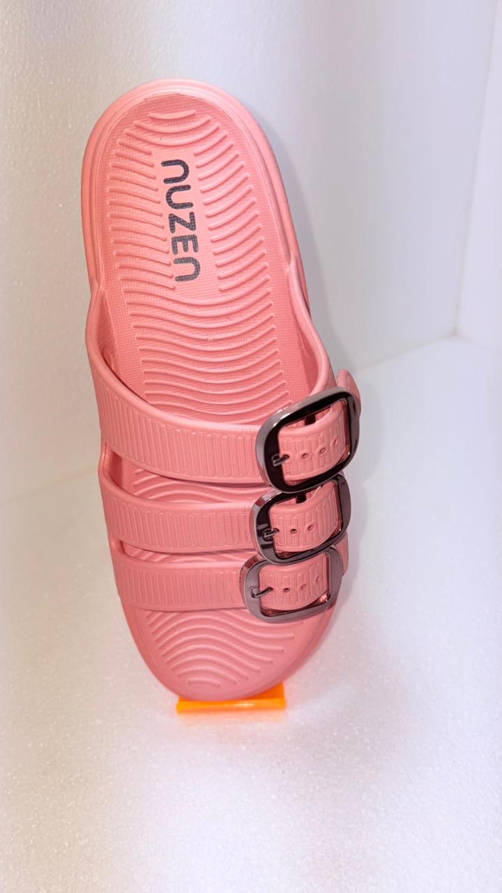 Nuzen Women's Double Buckle EVA Flat Sandal | Adjustable Slip On | Peach Pink Lightweight
