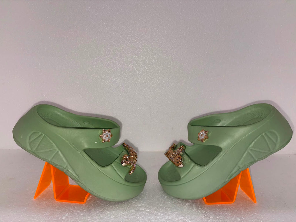 Women’s Green Platform EVA Slides | Soft Cushion Lightweight Anti-Slip Slippers with Smile Charm for Daily Wear