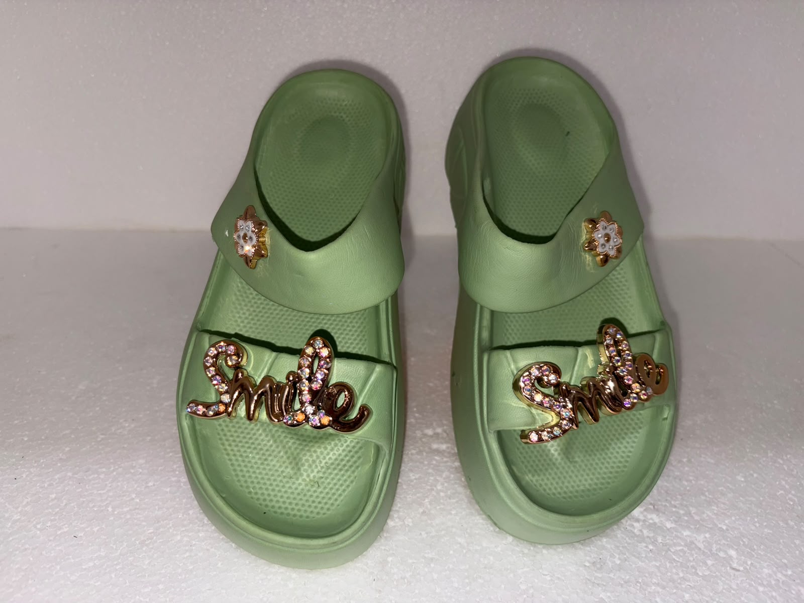 Women’s Green Platform EVA Slides | Soft Cushion Lightweight Anti-Slip Slippers with Smile Charm for Daily Wear