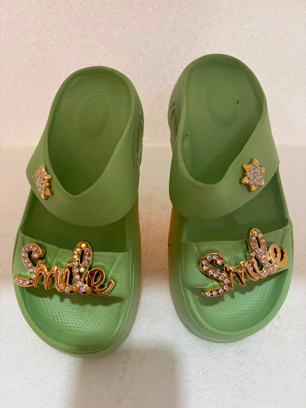 Women’s Green Platform EVA Slides | Soft Cushion Lightweight Anti-Slip Slippers with Smile Charm for Daily Wear