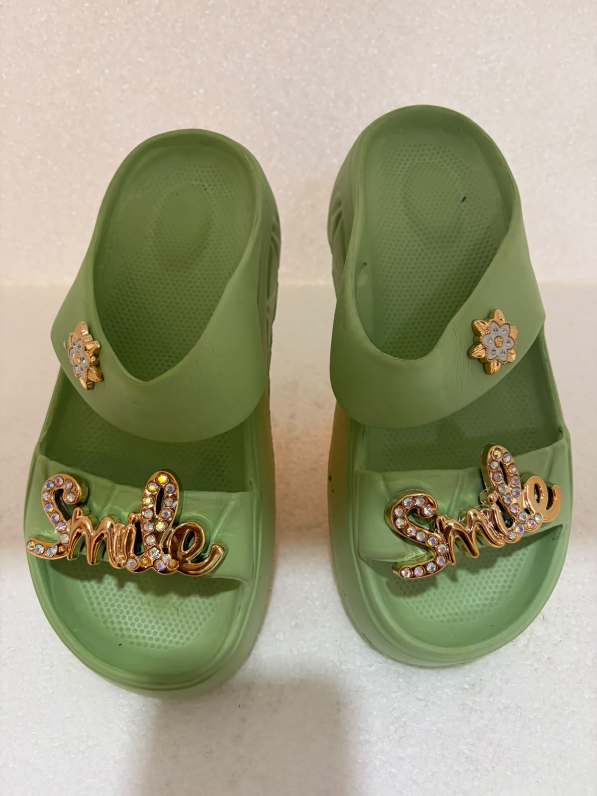 Women’s Green Platform EVA Slides | Soft Cushion Lightweight Anti-Slip Slippers with Smile Charm for Daily Wear