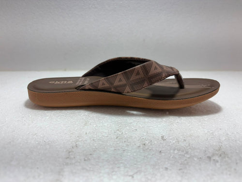 : Stylish Women’s Brown Printed Flip-Flops – Trendy Ethnic Design with Gold Accent for Daily & Casual Wear