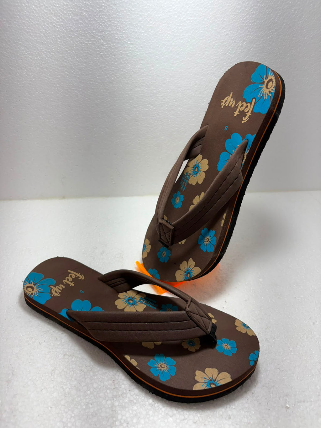 Ladies Tropical Floral Print Brown Flip Flop | Blue Flower Casual Hawai Chappal | Lightweight | Daily College Beach Travel Wear
