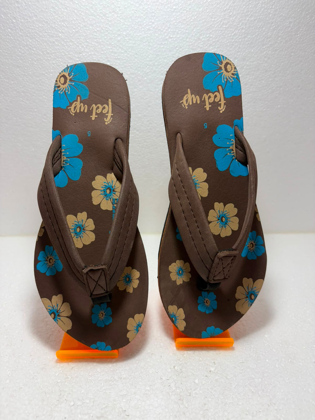 Ladies Tropical Floral Print Brown Flip Flop | Blue Flower Casual Hawai Chappal | Lightweight | Daily College Beach Travel Wear