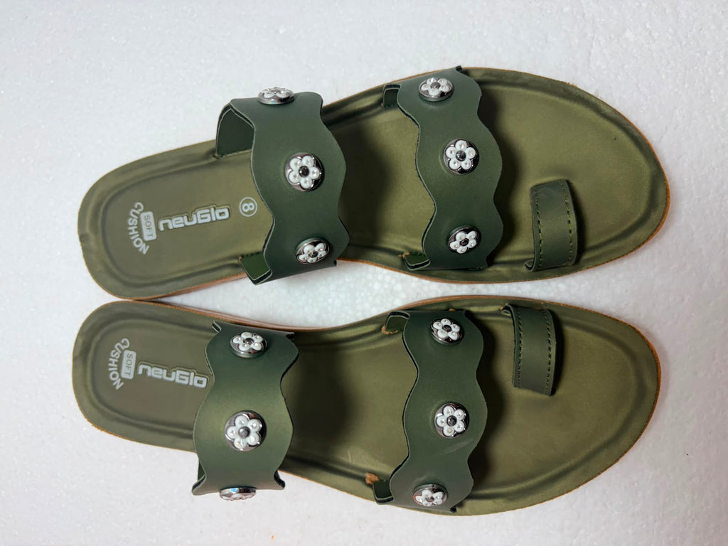 Women’s Olive Green Toe Ring Flats Sandals | Stylish Double Strap Casual Slippers with Stone Studs | Daily Wear Footwear
