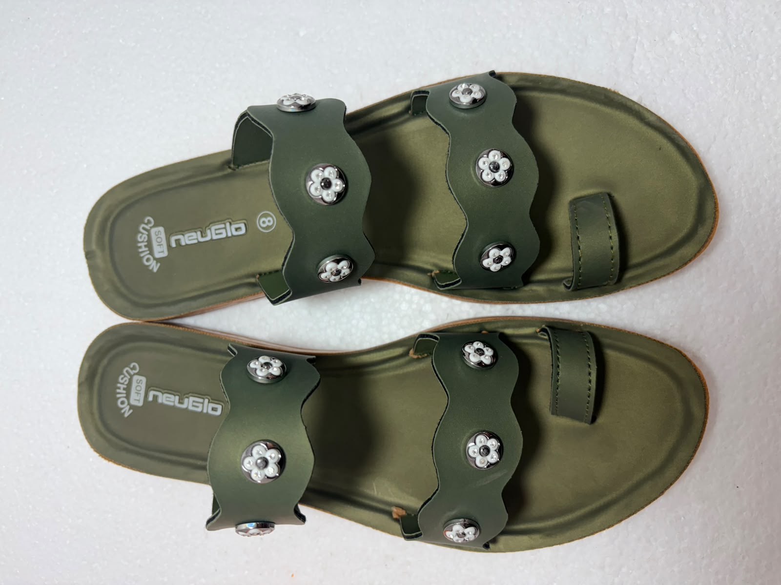 Women’s Olive Green Toe Ring Flats Sandals | Stylish Double Strap Casual Slippers with Stone Studs | Daily Wear Footwear