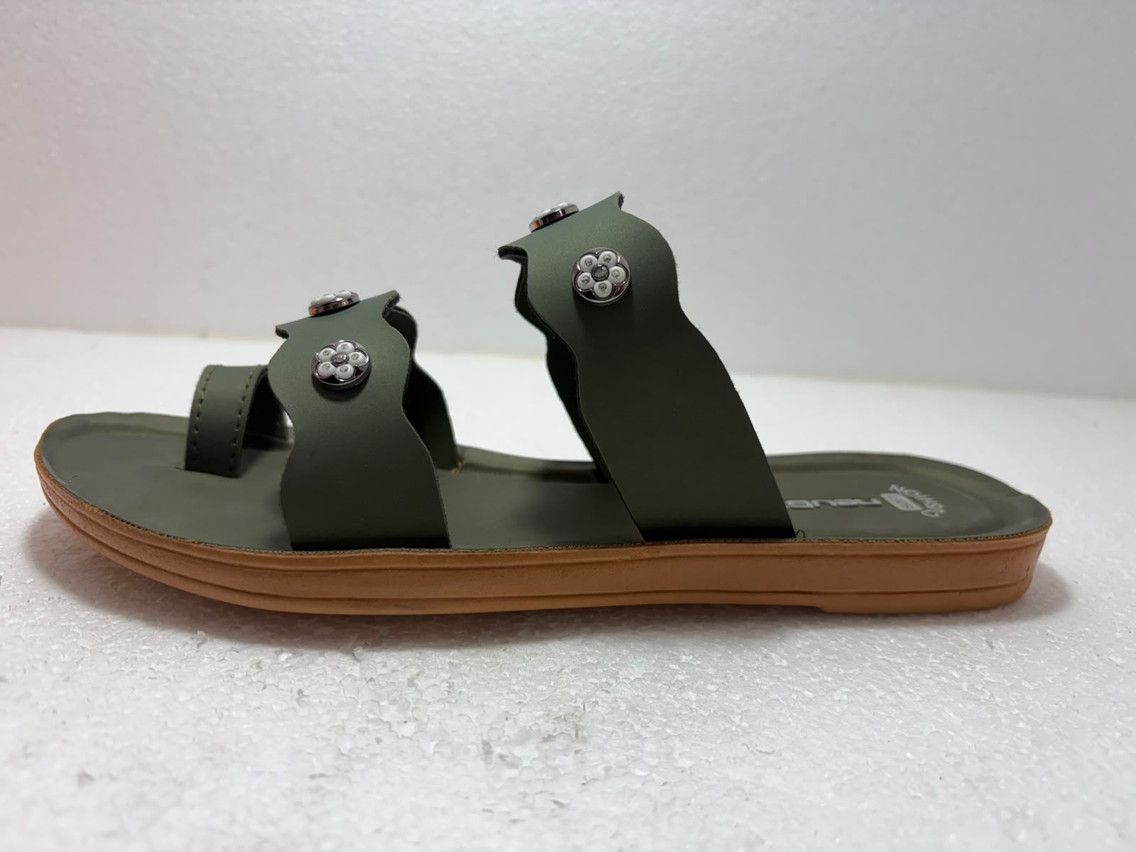 Women’s Olive Green Toe Ring Flats Sandals | Stylish Double Strap Casual Slippers with Stone Studs | Daily Wear Footwear