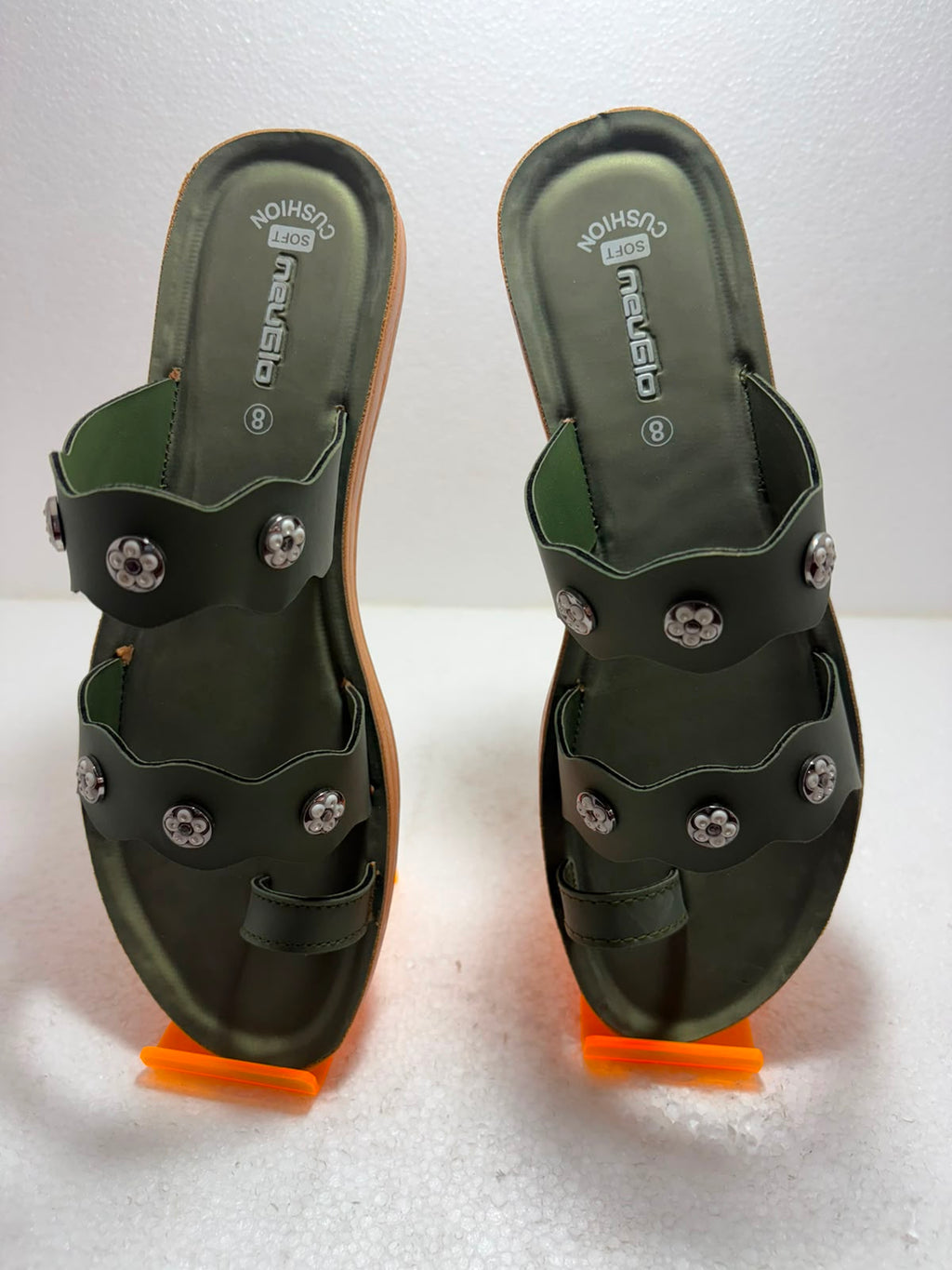 Women’s Olive Green Toe Ring Flats Sandals | Stylish Double Strap Casual Slippers with Stone Studs | Daily Wear Footwear