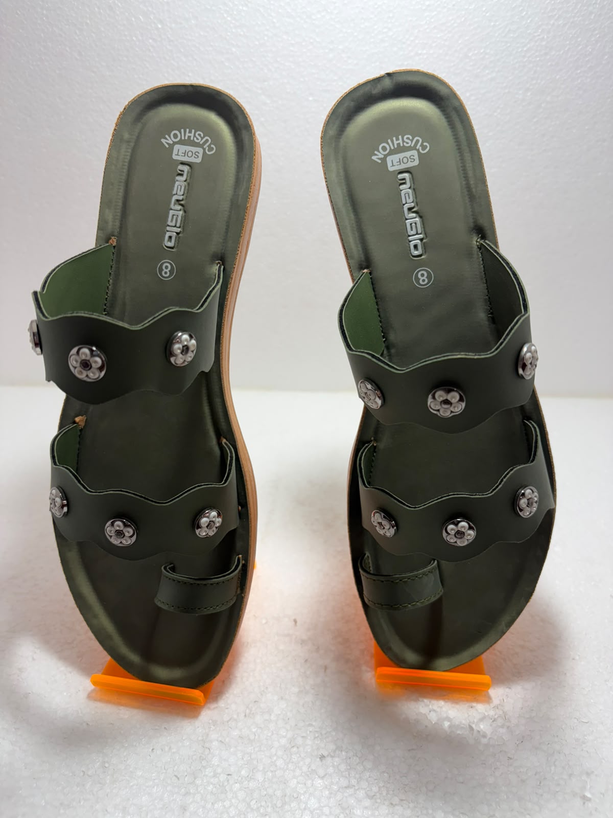 Women’s Olive Green Toe Ring Flats Sandals | Stylish Double Strap Casual Slippers with Stone Studs | Daily Wear Footwear