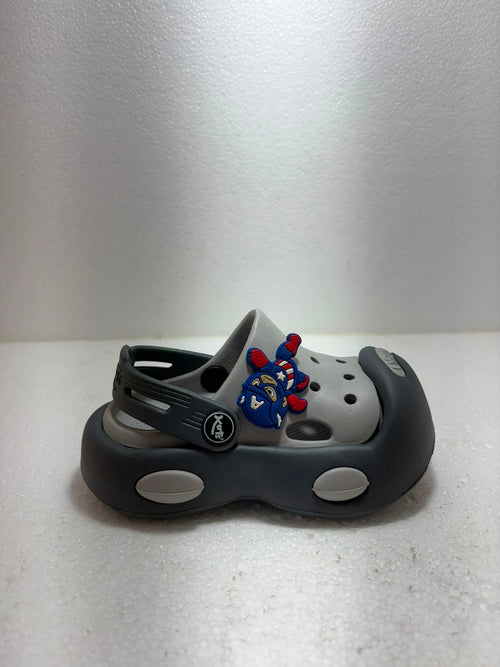 Kids Grey Cartoon Clogs for Boys & Girls | Lightweight EVA Slip-On Sandals with Back Strap | Comfortable Casual Footwear