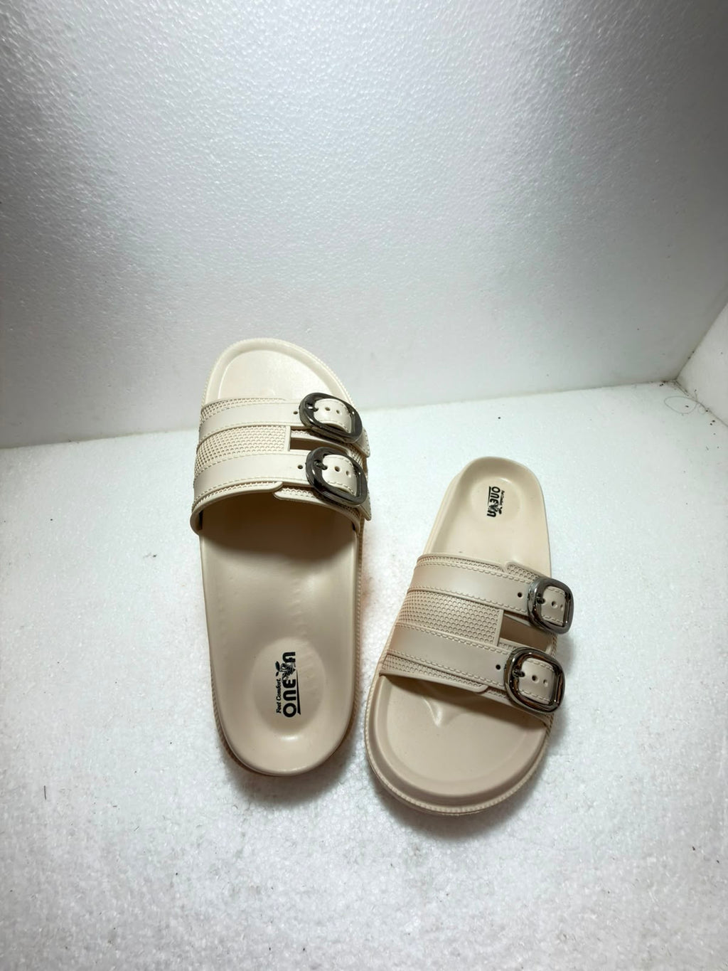 Women Double Buckle Comfort Slides | Soft Cushioned Slip-On Slippers | Lightweight Anti-Skid Daily Wear Sandals | Beige