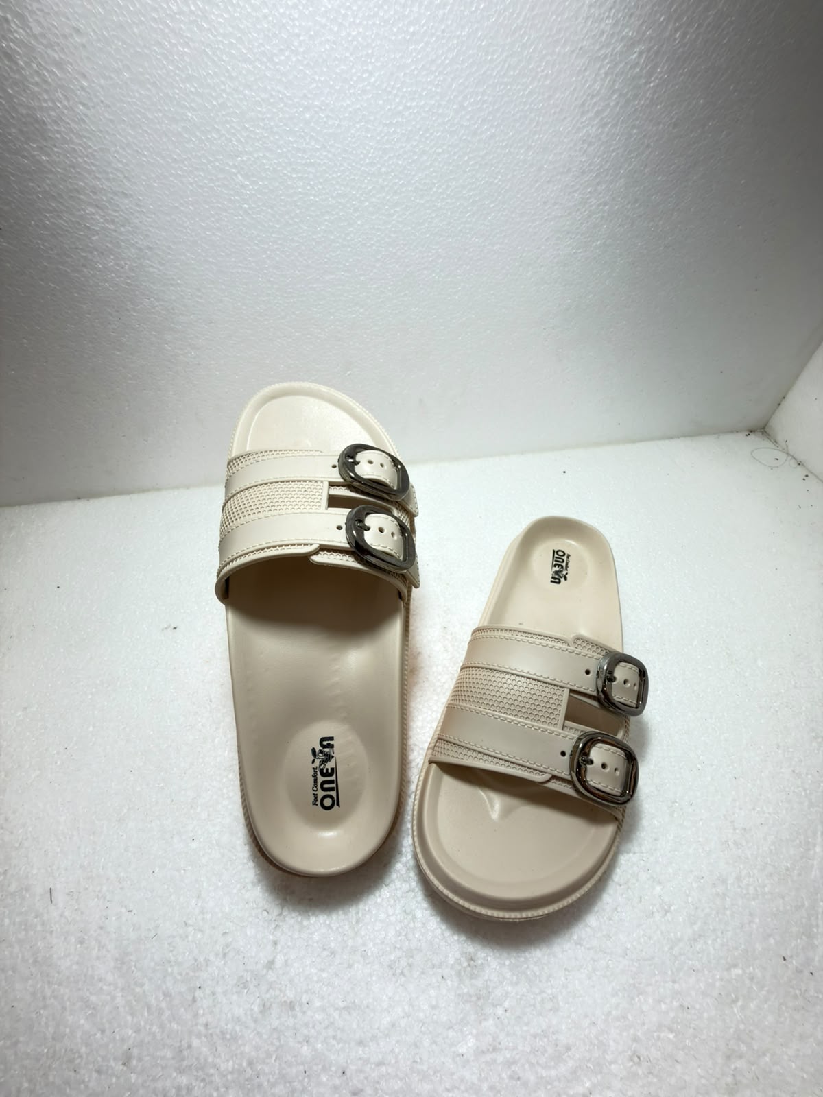 Women Double Buckle Comfort Slides | Soft Cushioned Slip-On Slippers | Lightweight Anti-Skid Daily Wear Sandals | Beige