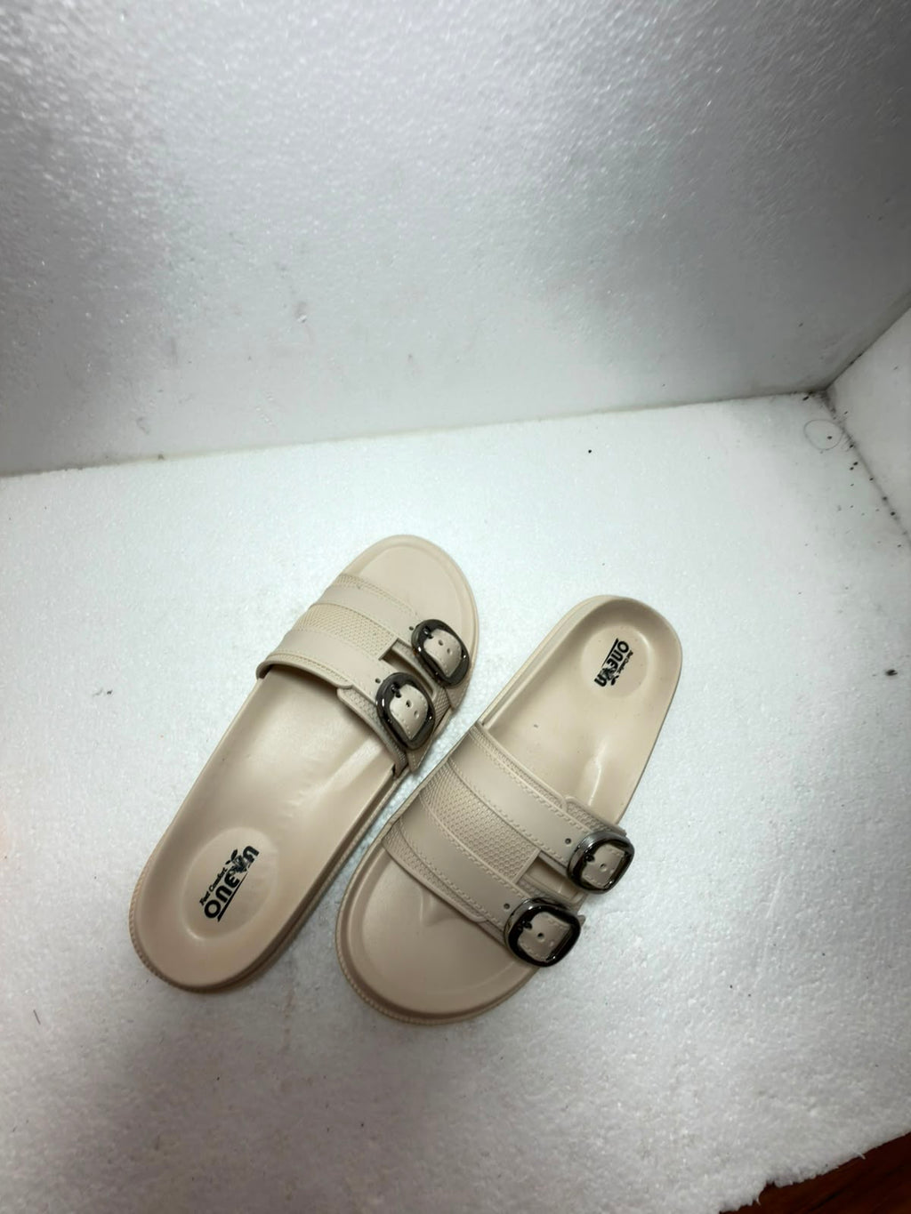 Women Double Buckle Comfort Slides | Soft Cushioned Slip-On Slippers | Lightweight Anti-Skid Daily Wear Sandals | Beige