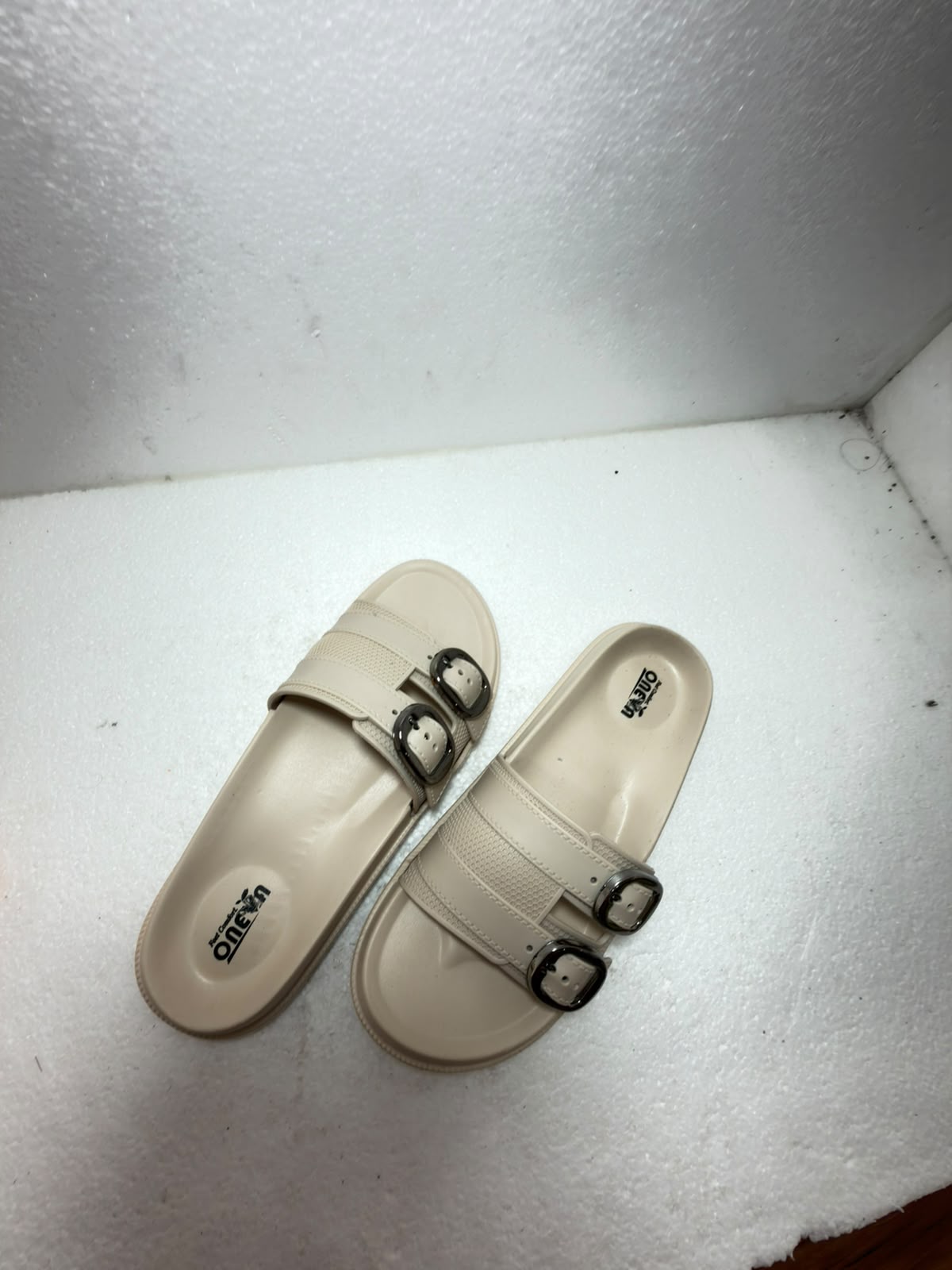 Women Double Buckle Comfort Slides | Soft Cushioned Slip-On Slippers | Lightweight Anti-Skid Daily Wear Sandals | Beige