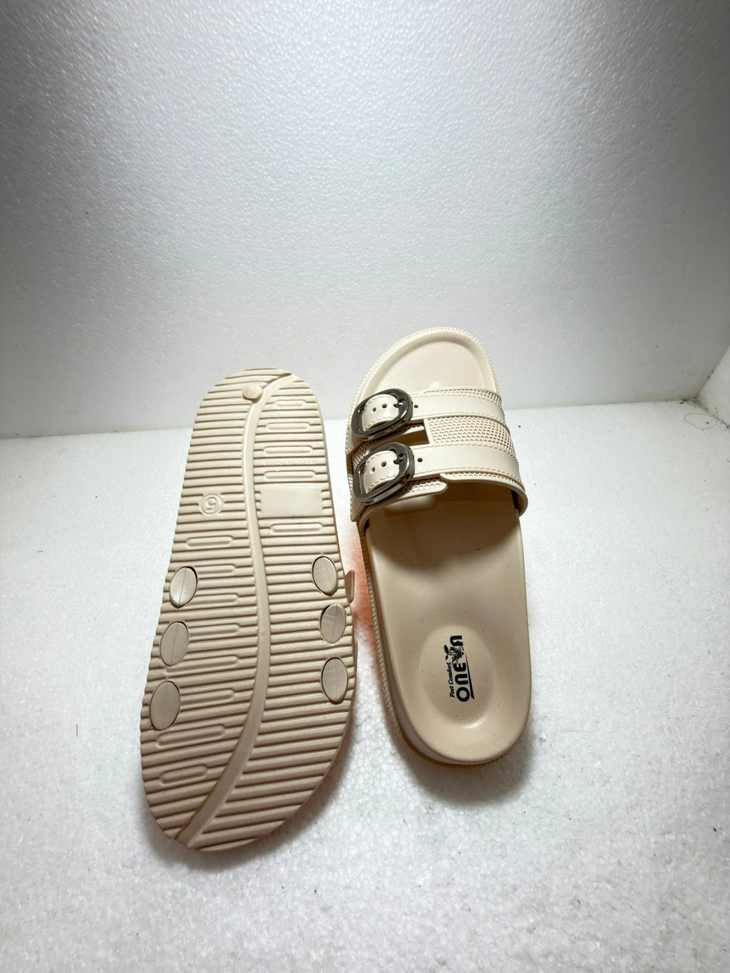 Women Double Buckle Comfort Slides | Soft Cushioned Slip-On Slippers | Lightweight Anti-Skid Daily Wear Sandals | Beige