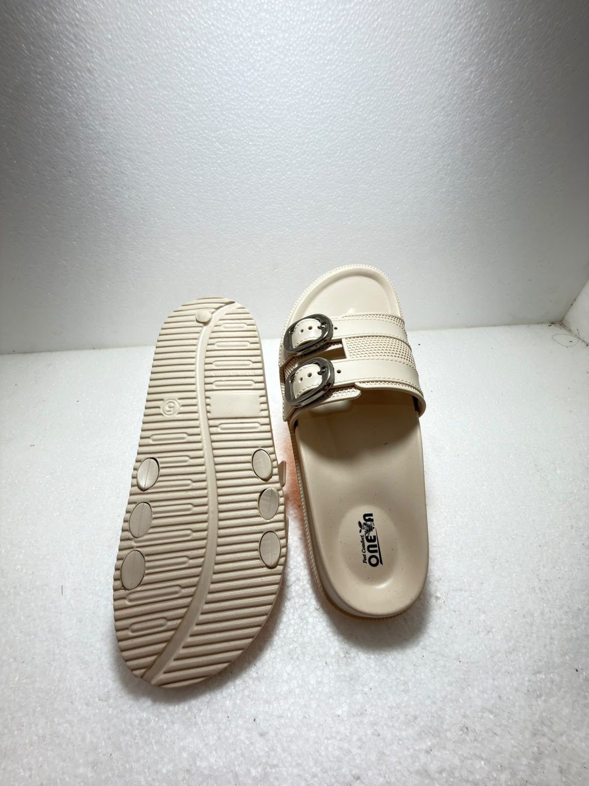 Women Double Buckle Comfort Slides | Soft Cushioned Slip-On Slippers | Lightweight Anti-Skid Daily Wear Sandals | Beige