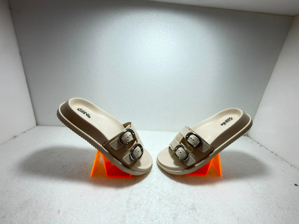 Women Double Buckle Comfort Slides | Soft Cushioned Slip-On Slippers | Lightweight Anti-Skid Daily Wear Sandals | Beige
