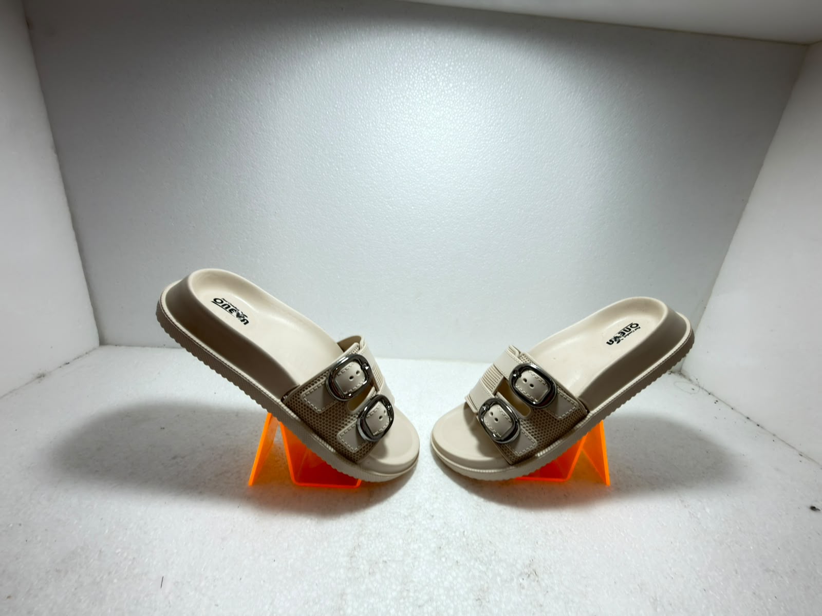 Women Double Buckle Comfort Slides | Soft Cushioned Slip-On Slippers | Lightweight Anti-Skid Daily Wear Sandals | Beige