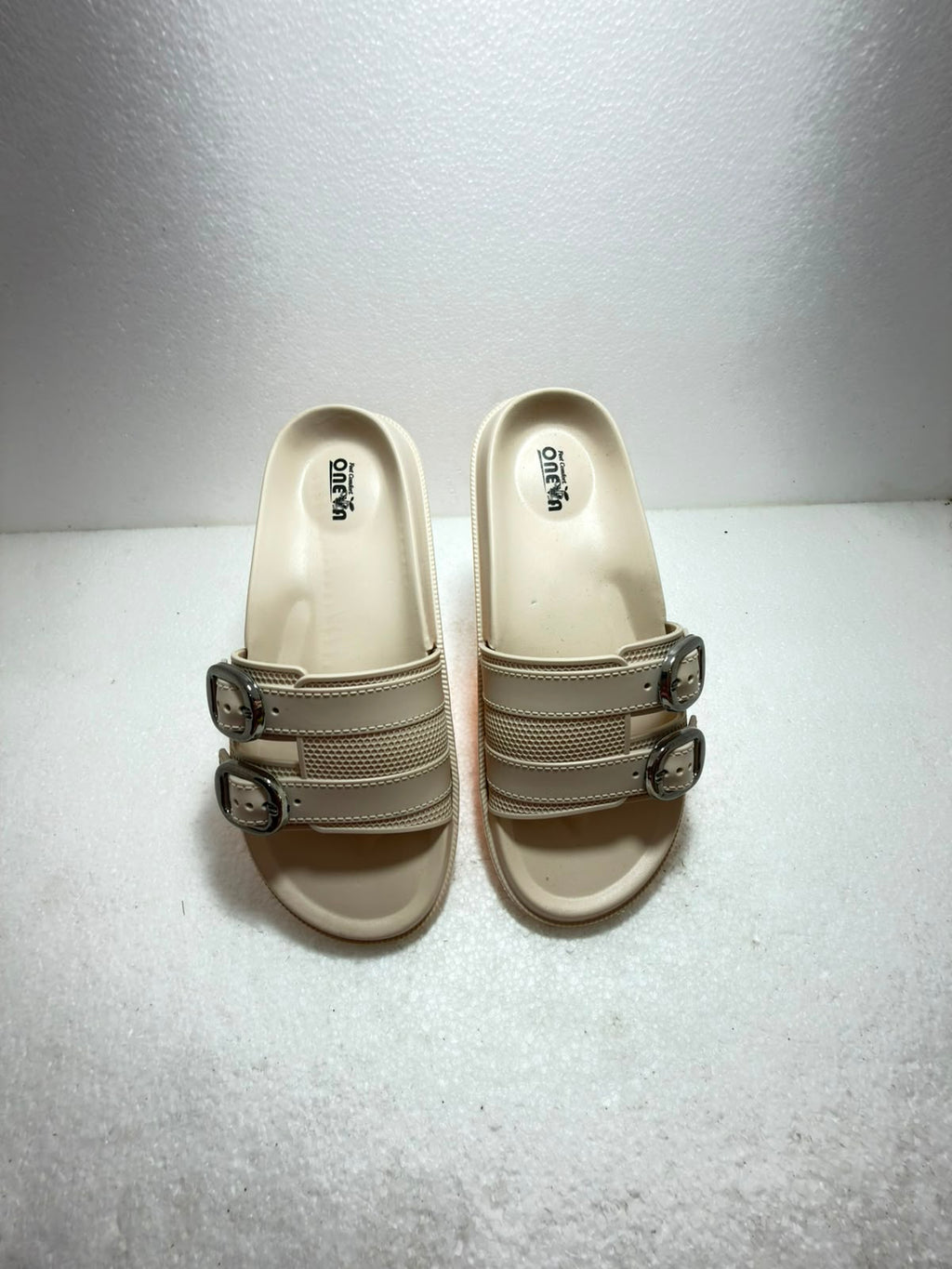 Women Double Buckle Comfort Slides | Soft Cushioned Slip-On Slippers | Lightweight Anti-Skid Daily Wear Sandals | Beige