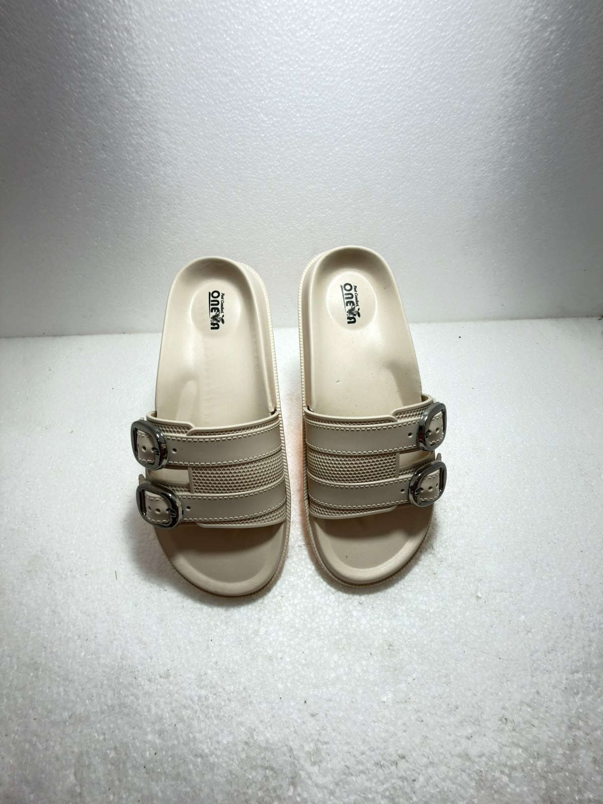 Women Double Buckle Comfort Slides | Soft Cushioned Slip-On Slippers | Lightweight Anti-Skid Daily Wear Sandals | Beige